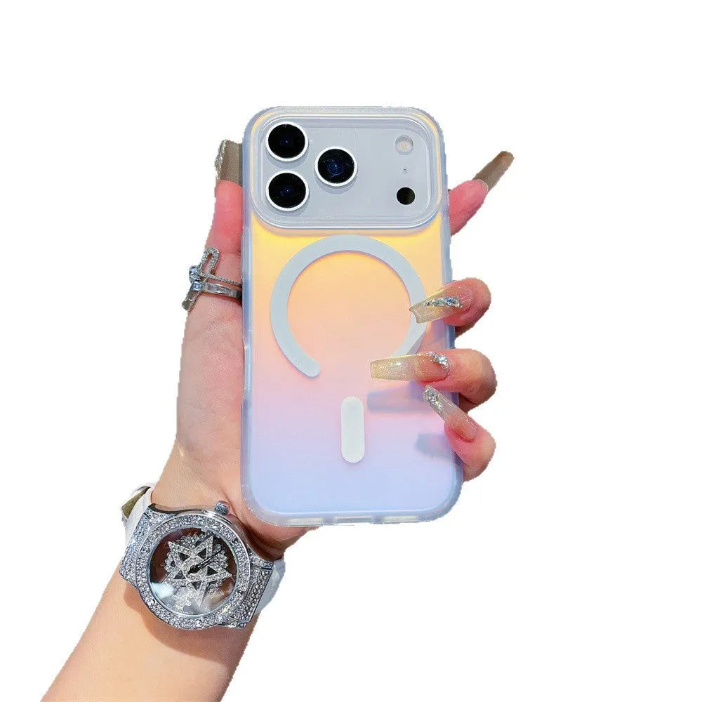 Laser gradient frosted magnetic back cover case for iPhone 17 series on a table