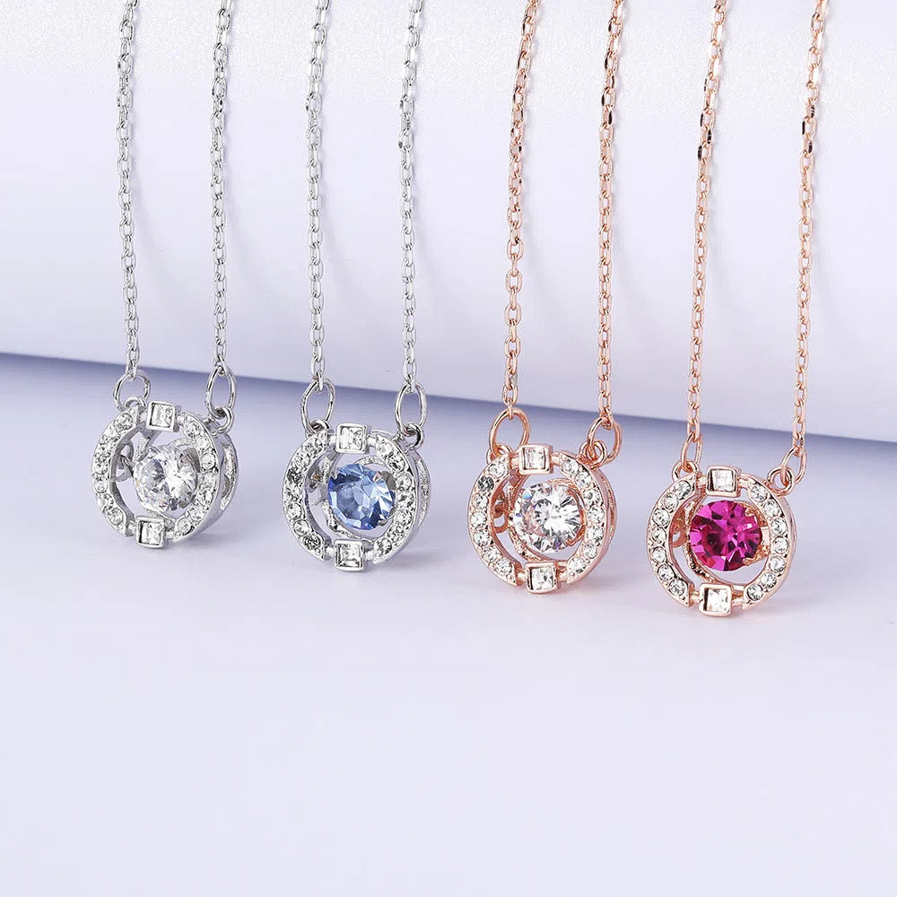 Crown necklace pendant with rhinestone stones on copper base, cross chain, geometric shape, available in four colour variants