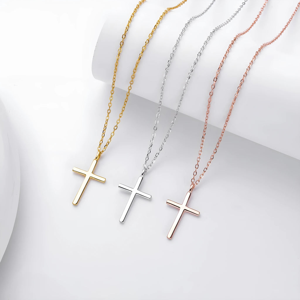 S925 sterling silver necklace with glossy cross pendant on O-shaped chain in gold, platinum or rose gold finish