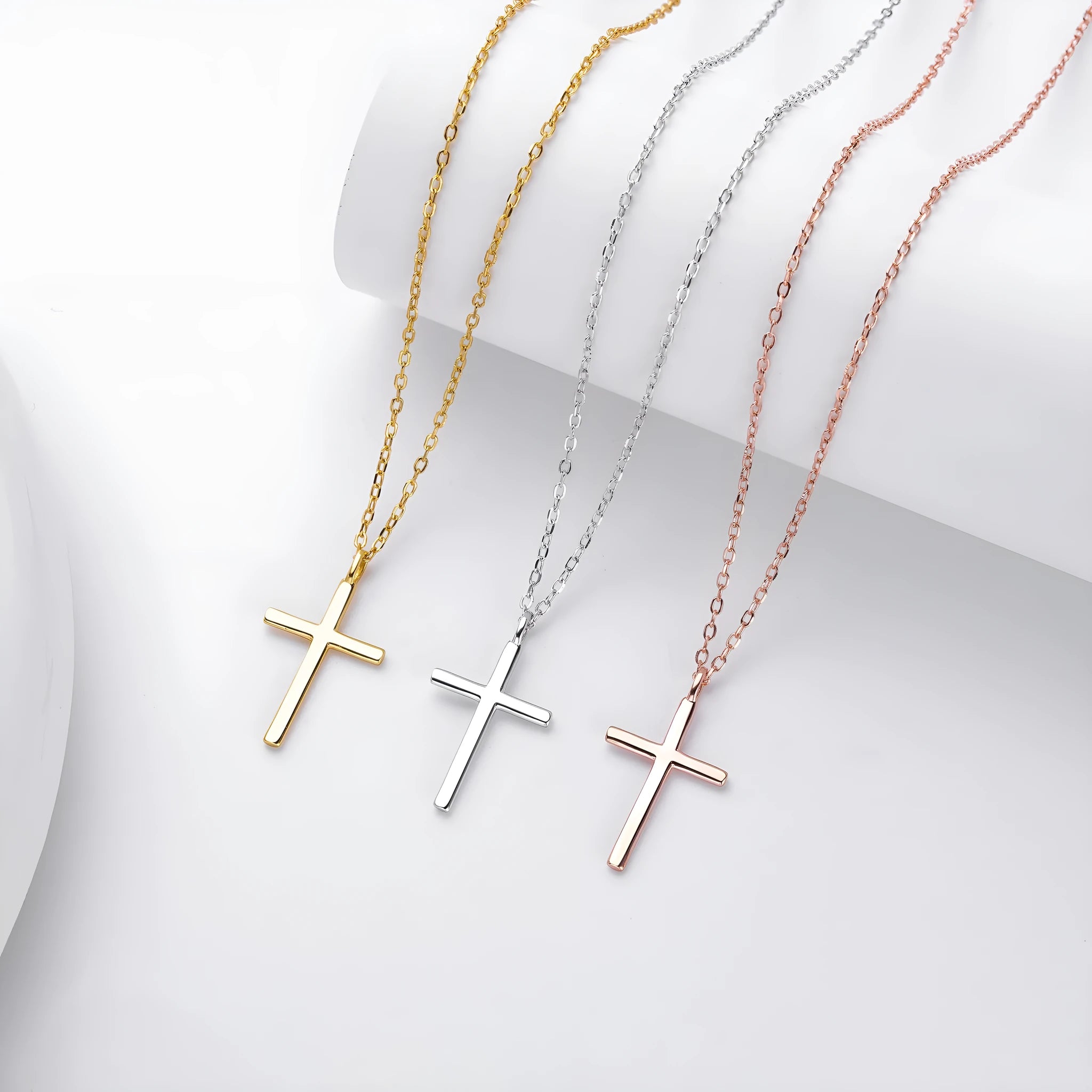 S925 sterling silver necklace with glossy cross pendant on O-shaped chain in gold, platinum or rose gold finish