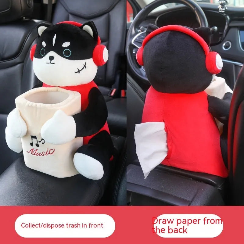 Plush car tissue box hanging from armrest showing 27x33cm dimensions and novelty dog design