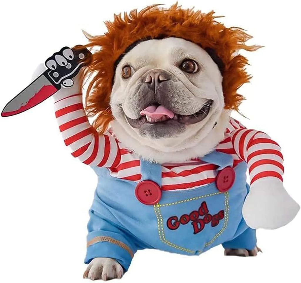 Striped Halloween harness pants costume with toy knife for dogs and cats in four size options
