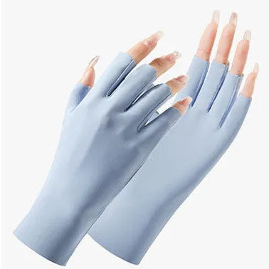 Thin beige ice silk gloves for women with UPF50 sun protection on a hand.