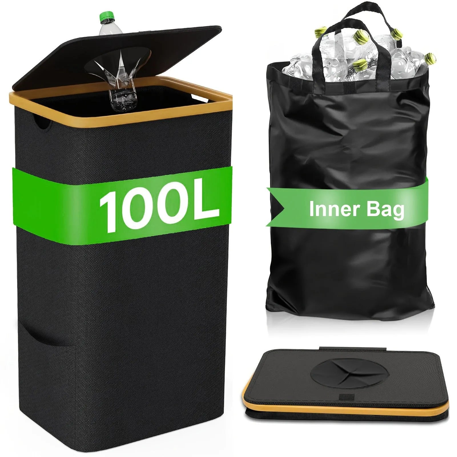 Black bamboo frame storage basket with removable lid showing double inner pockets and ventilation holes