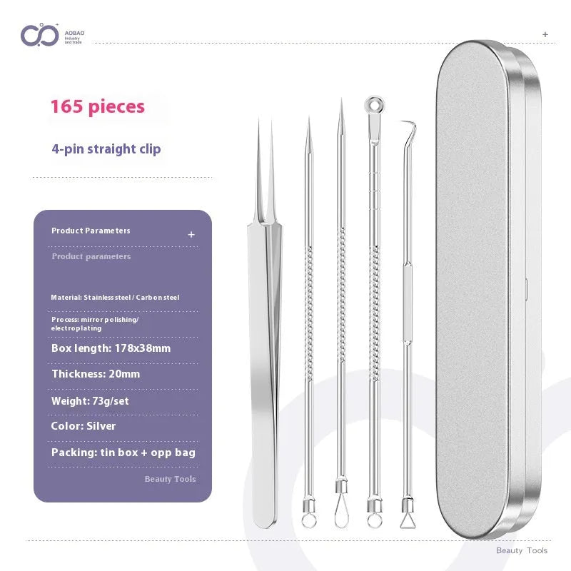 Four silver metal acne needles with ultra-fine pointed tips arranged on a clean surface.