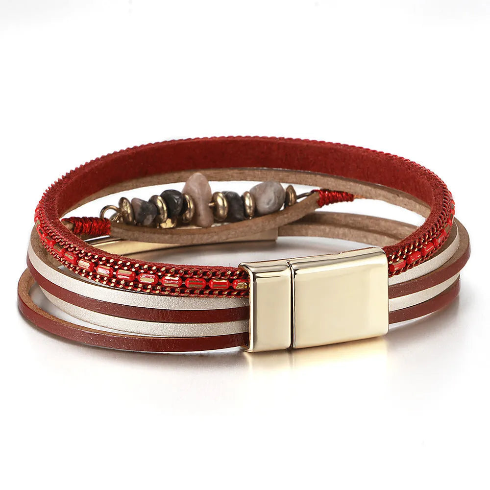 Boho copper tube bracelet with natural stone and magnetic snap on leather band, seven colour options