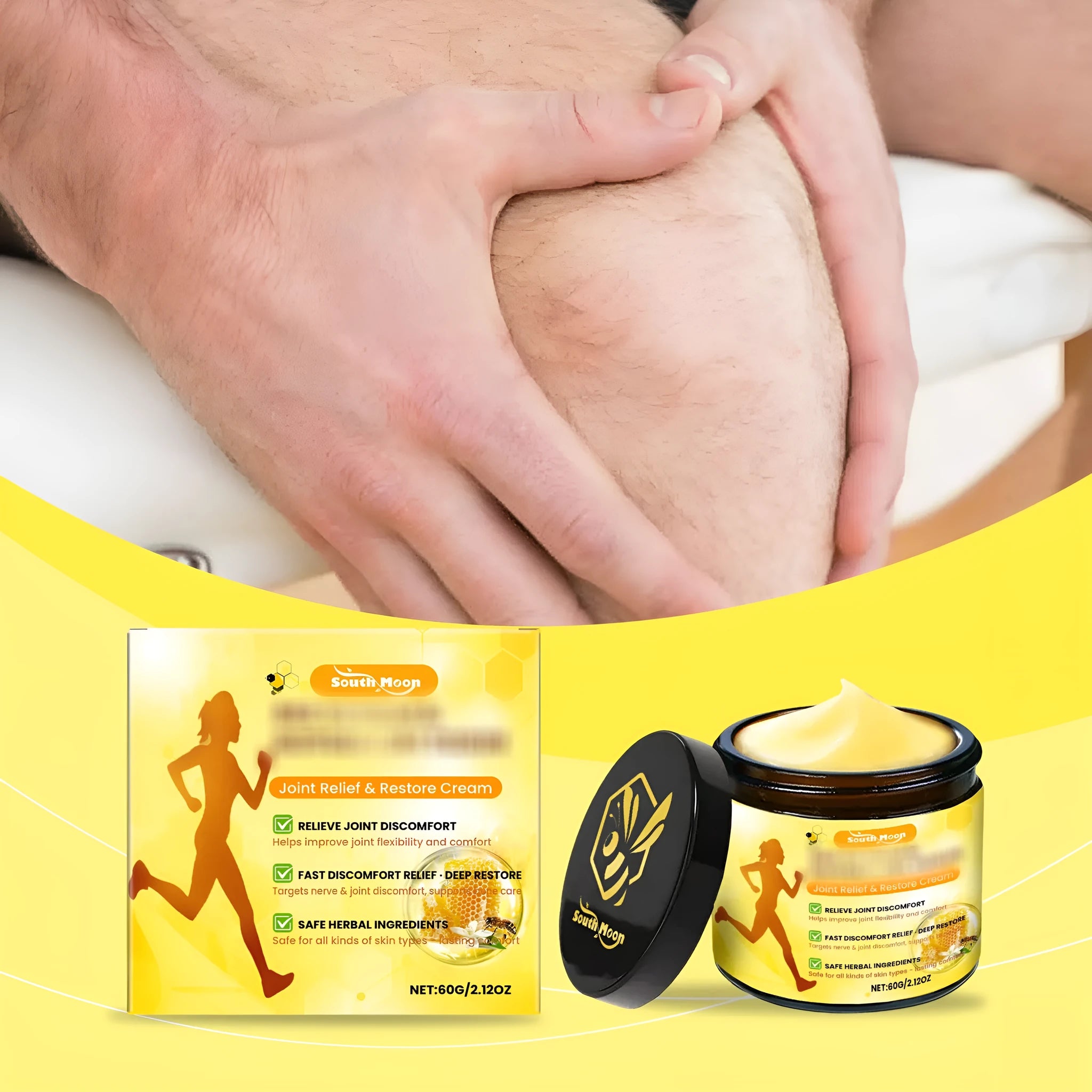 60g Joint Relief Restore Cream jar with mint leaves, bee venom, and acetyl hexapeptide-8 for aching joint relief