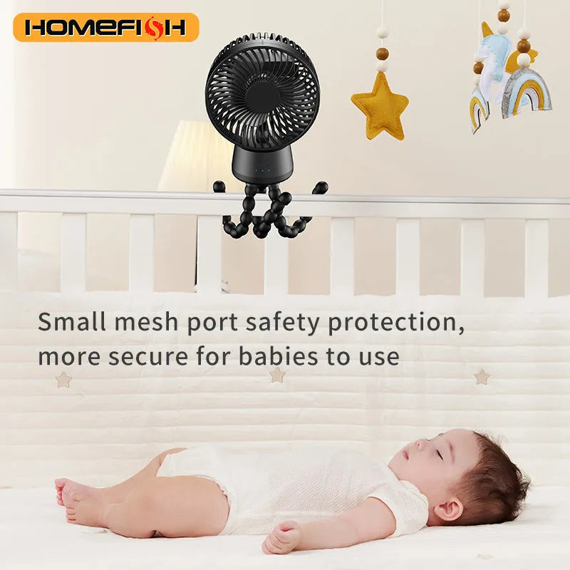 HOMEFISH F1 and F2 automatic shake head handheld fan with removable bracket on a stroller.