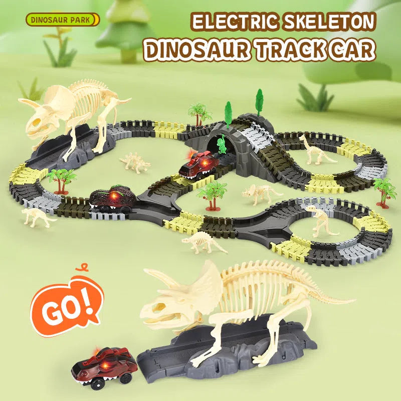 Electric toy DIY assembly skeleton dinosaur track car with 209 plastic pieces on a table