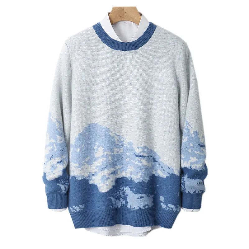 Men's loose wool knit pullover sweater in brown or blue, thickened casual top, sizes S to XXXL