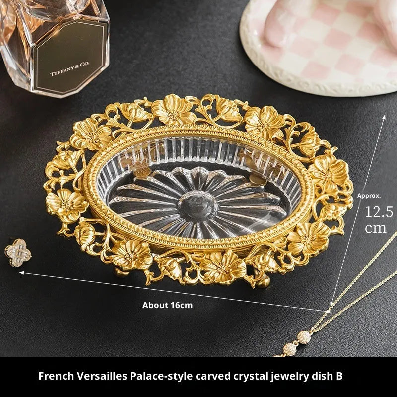 Carved crystal decorative tray, aluminium alloy jewellery storage dish, Versailles style, two colour options