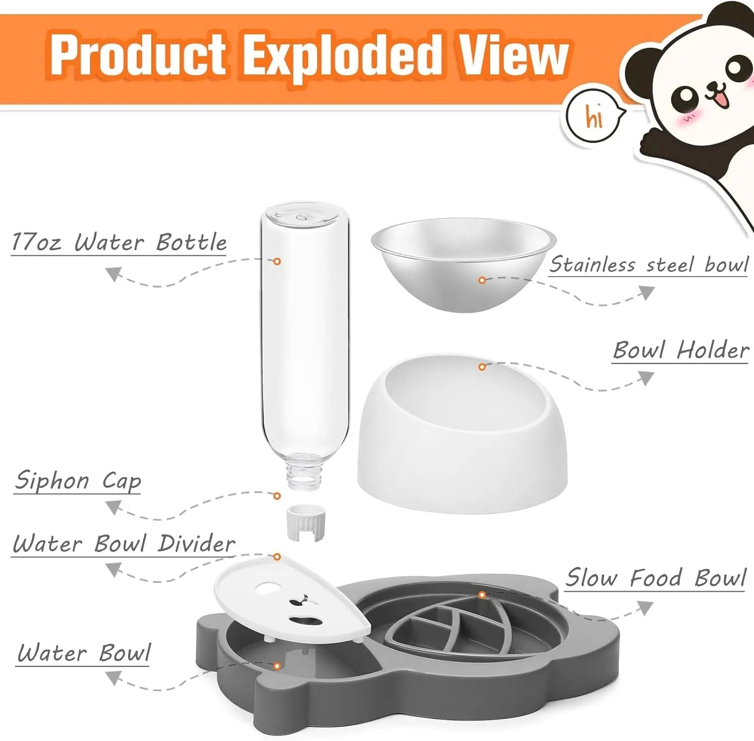 Grey elevated pet bowl set with automatic water bottle and panda design for cats and small dogs