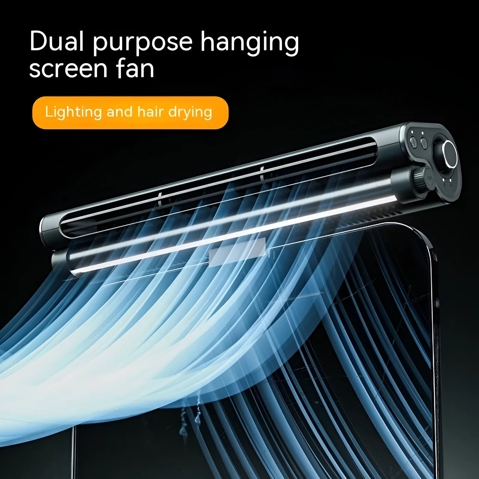 Black USB bladeless desk fan with a clamp, attached to a laptop screen, showing its integrated lighting lamp.