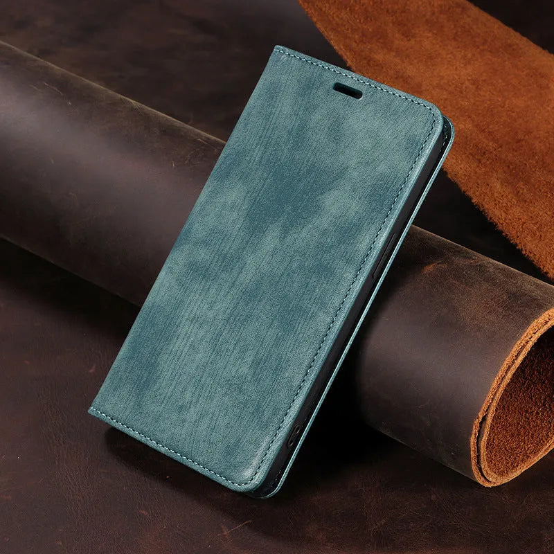 Magnetic flip phone case in grey showing front flap with card slots closed over an iPhone