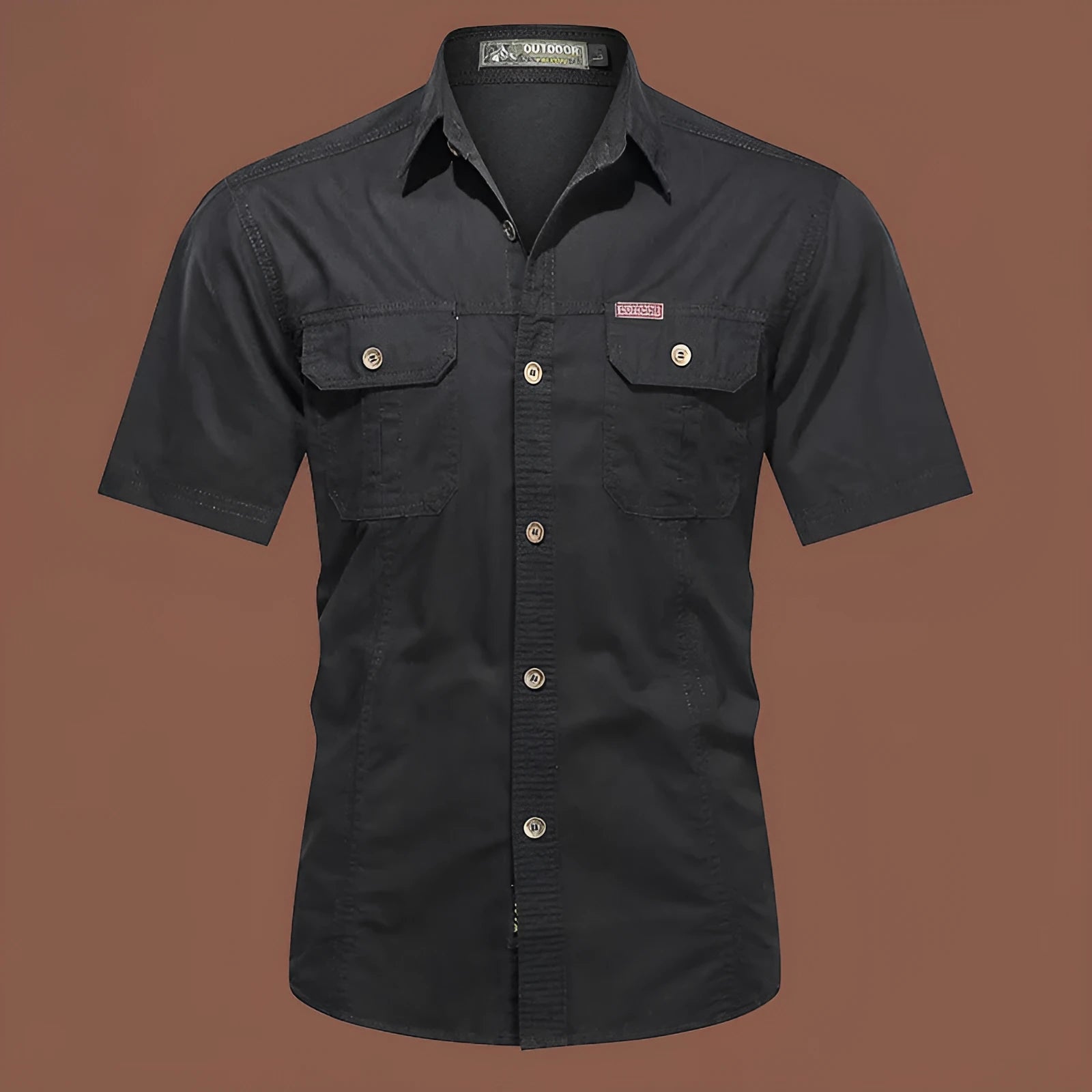 Men's short sleeve cotton work shirt in a loose cardigan style, shown in army green.