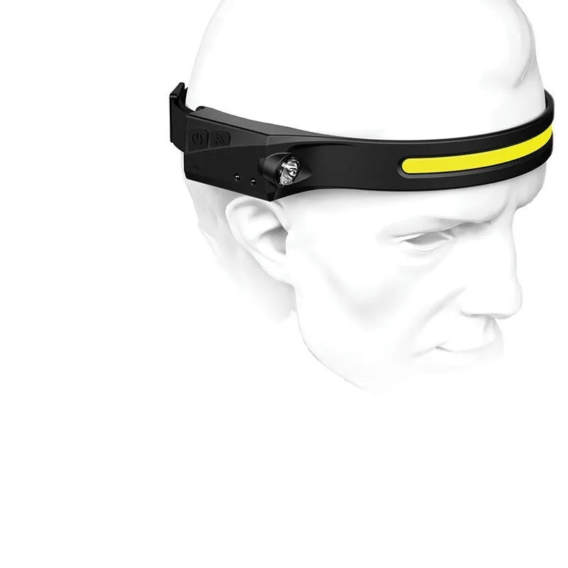Black USB rechargeable headlamp with a wide COB LED lens and a side wave sensor on the headband.