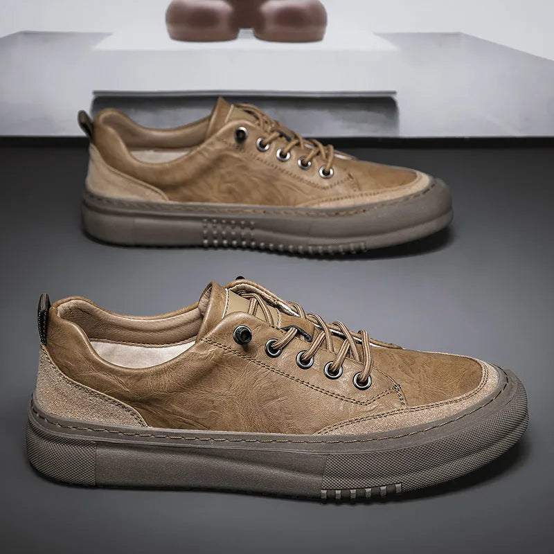 British round toe men's leather shoes in black or khaki with microfiber upper and rubber sole