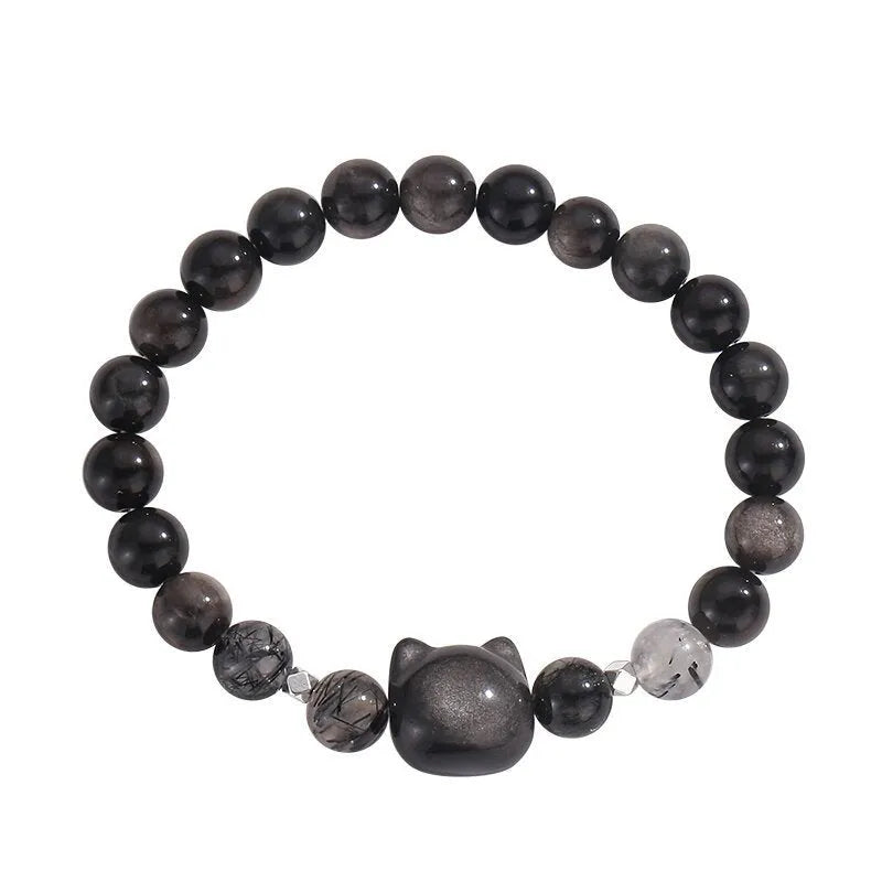 Obsidian cat crystal couple bracelet with adjustable design in silver stone or white agate colours