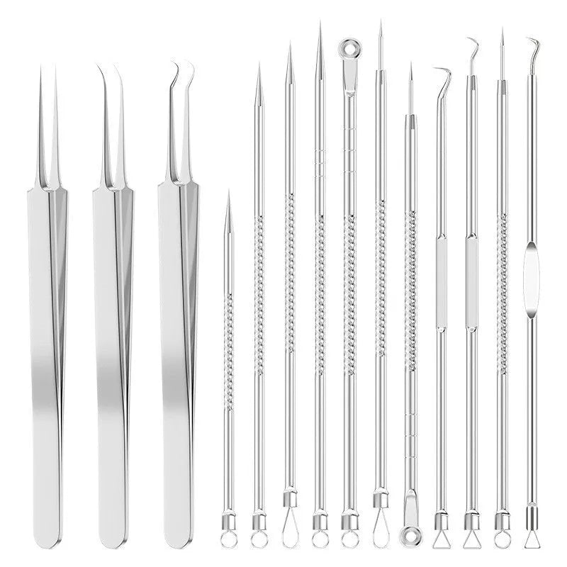 Four silver metal acne needles with ultra-fine pointed tips arranged on a clean surface.