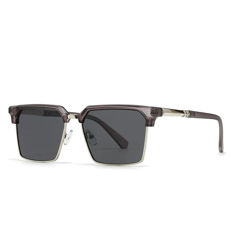 Men's square sunglasses with angular box frame in black silver and grey colour variant.