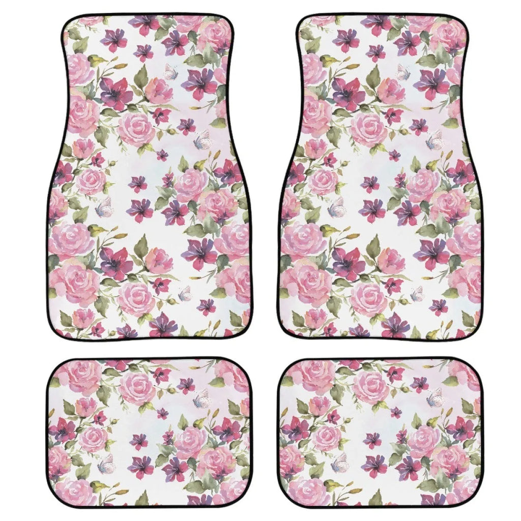 Black four-piece set of 20mm thick printed rubber car foot mats with textured surface.