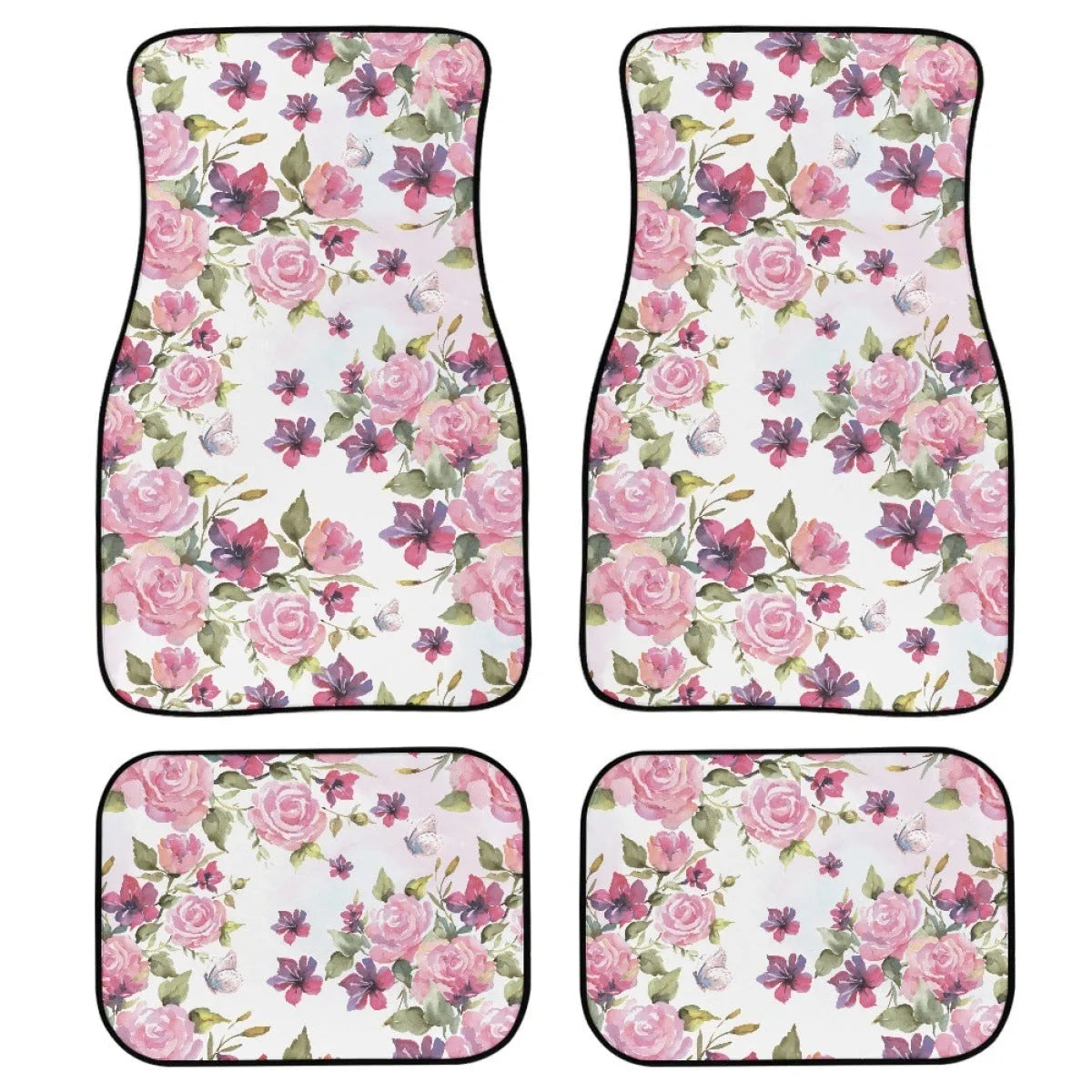 Black four-piece set of 20mm thick printed rubber car foot mats with textured surface.