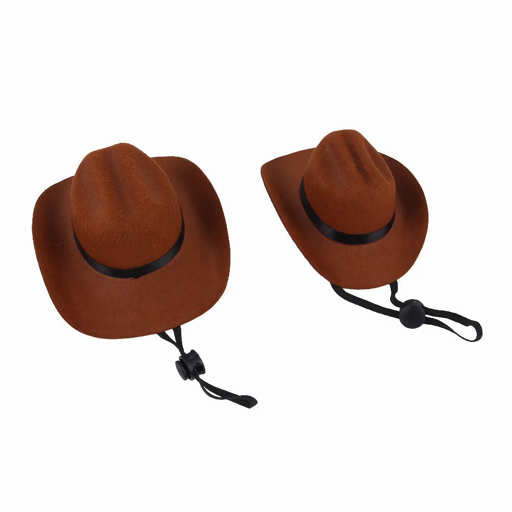 A small brown fabric cowboy hat for a dog, shown on a white background.