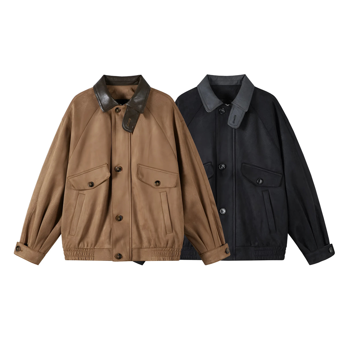Men's retro suede-stitching polo collar jacket in black or brown, long sleeve, sizes M to 3XL