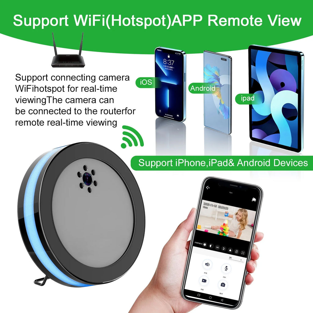 Black wireless smart surveillance camera with night vision and voice conversation on a desk