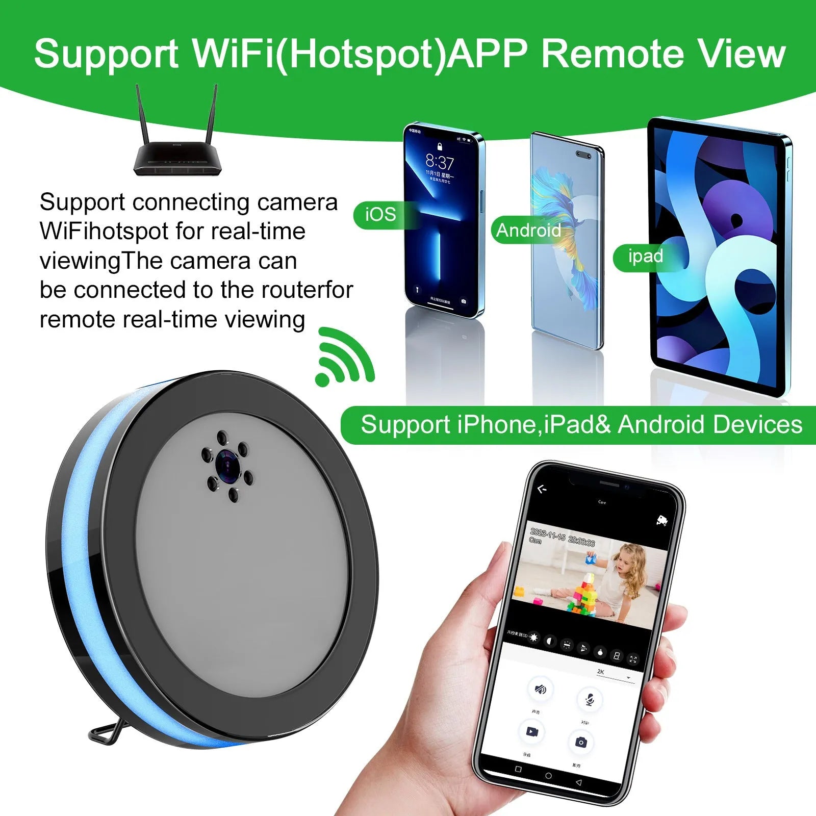 Black wireless smart surveillance camera with night vision and voice conversation on a desk