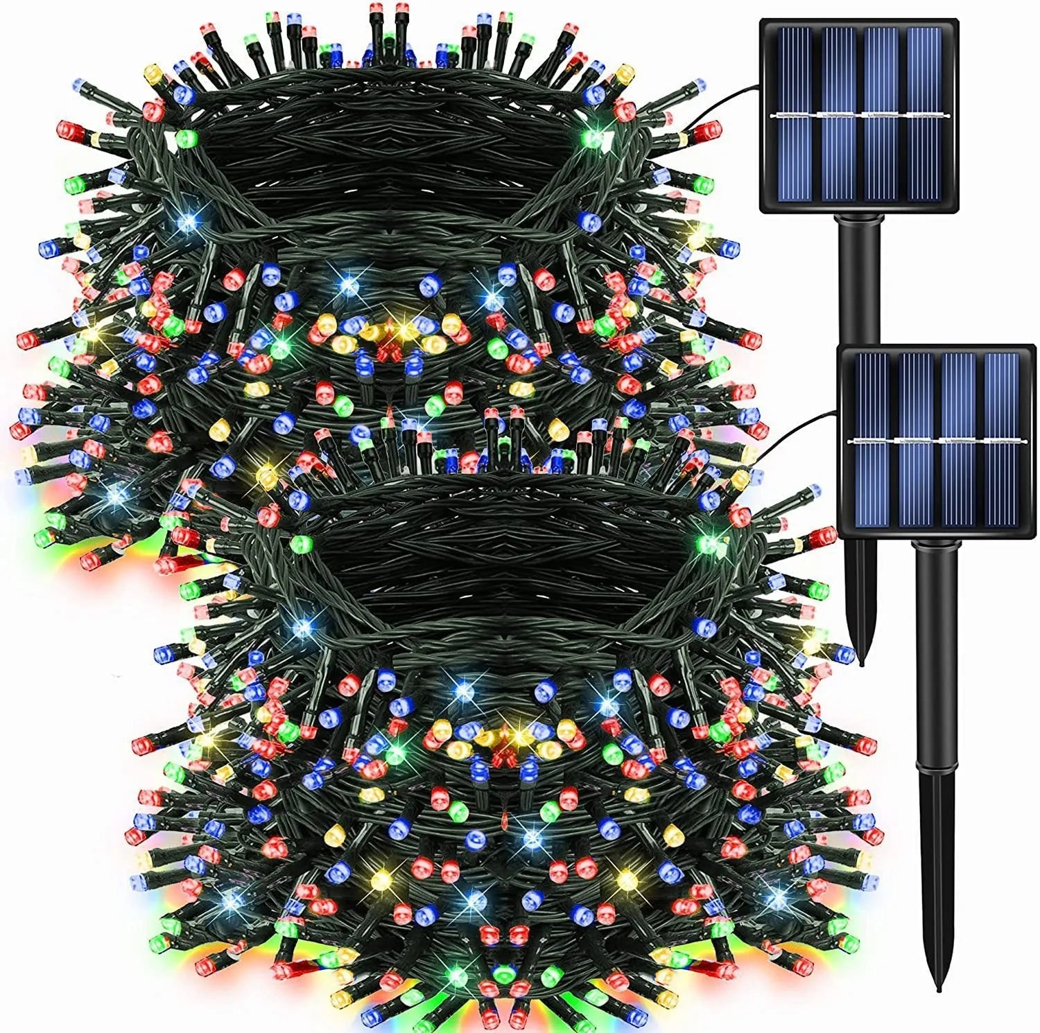 Solar-powered LED string lights with warm white bulbs on a garden fence at dusk