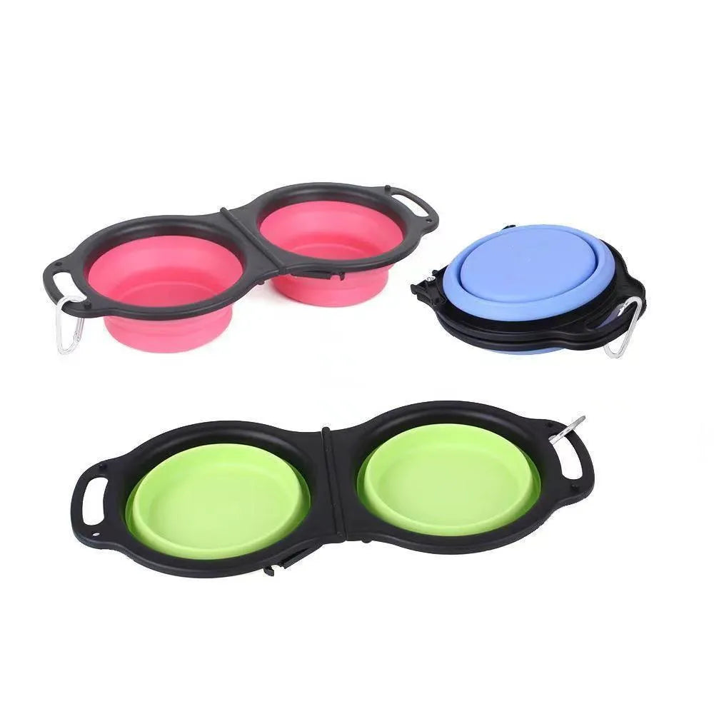 Blue silicone folding double pet bowl showing food and water compartments, collapsed and unfolded views