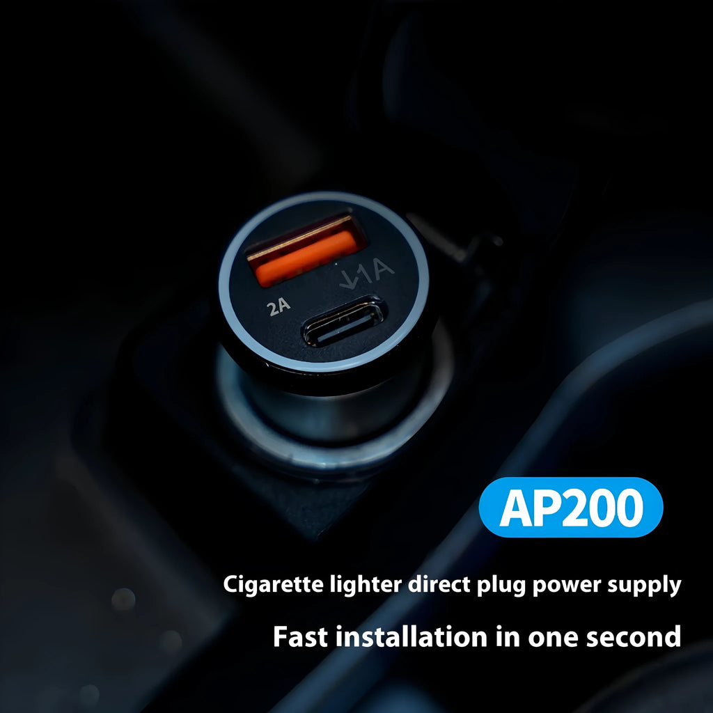 Black car GPS locator device plugged into a vehicle's 12V cigarette lighter socket.