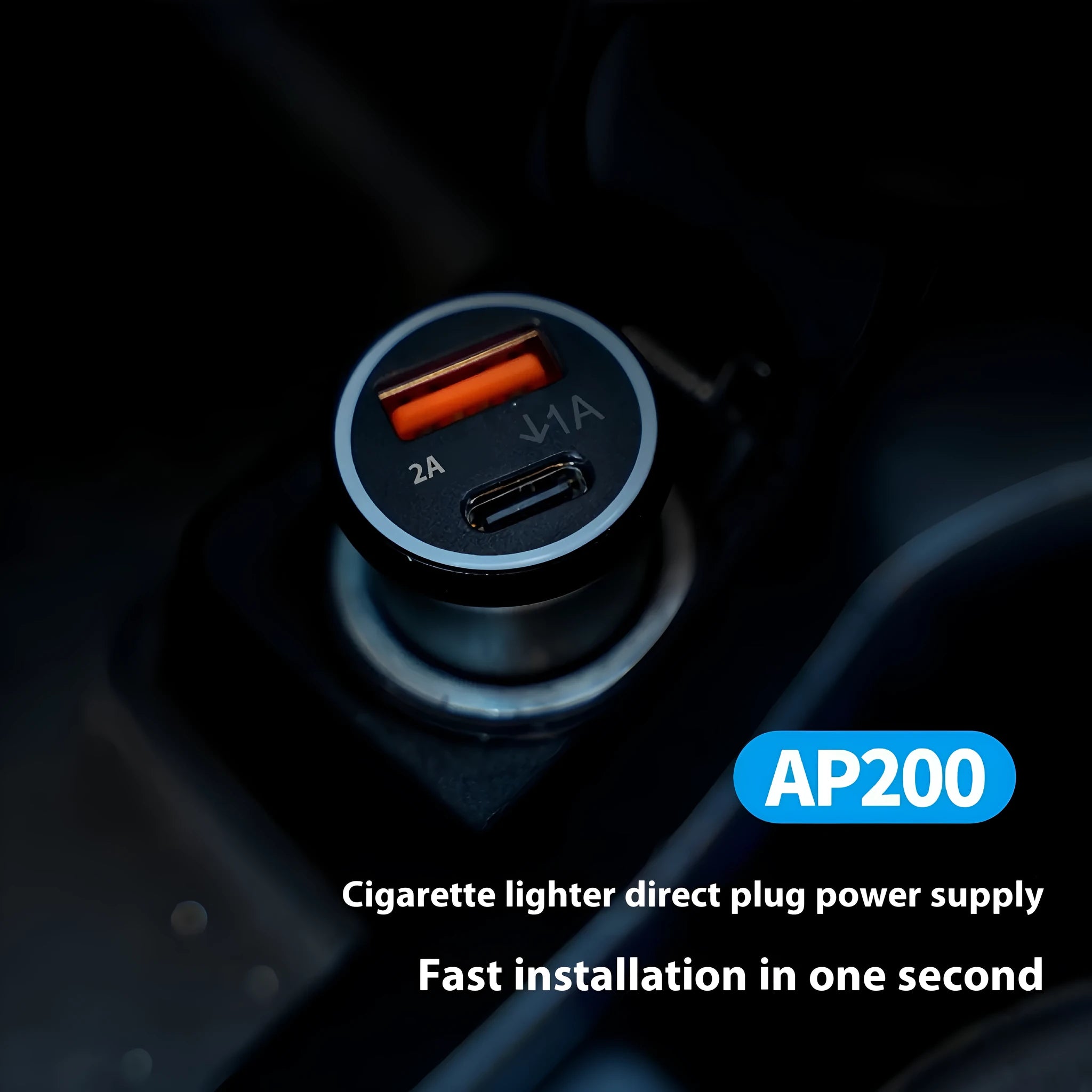 Black car GPS locator device plugged into a vehicle's 12V cigarette lighter socket.
