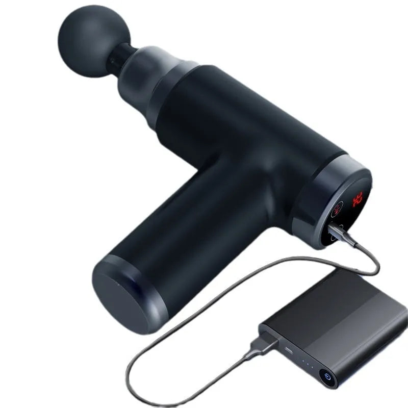 Black mini portable massage gun with LED screen and 32 speed LCD display on white background