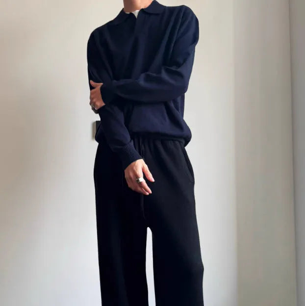 Pure wool polo sweater with lapel collar in loose fit, shown in milky white and navy blue.