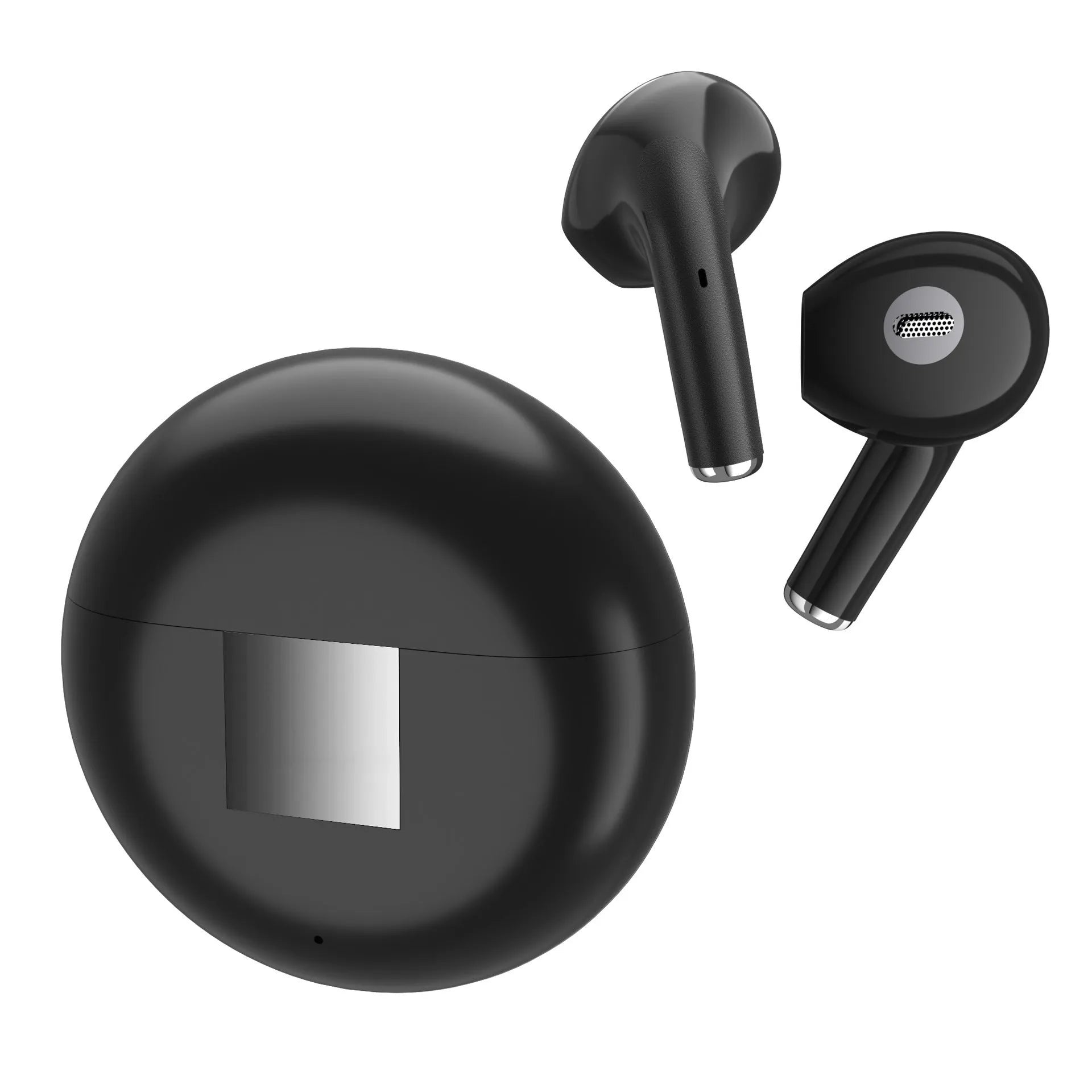 White Wireless Budz5 J6 Bluetooth earbuds and charging case on a table