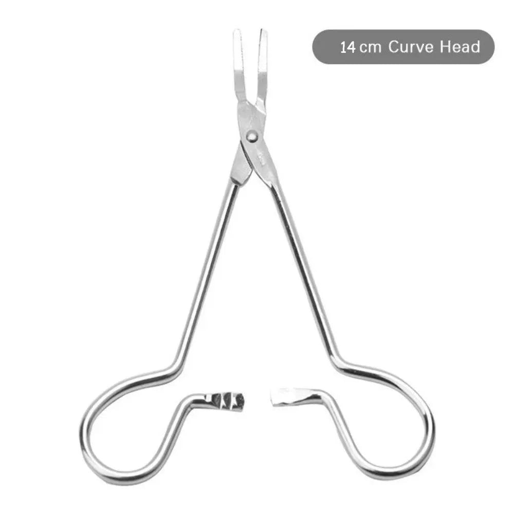 Silver stainless steel pet ear tweezers with anti-slip handle and curved tip for cats and dogs.