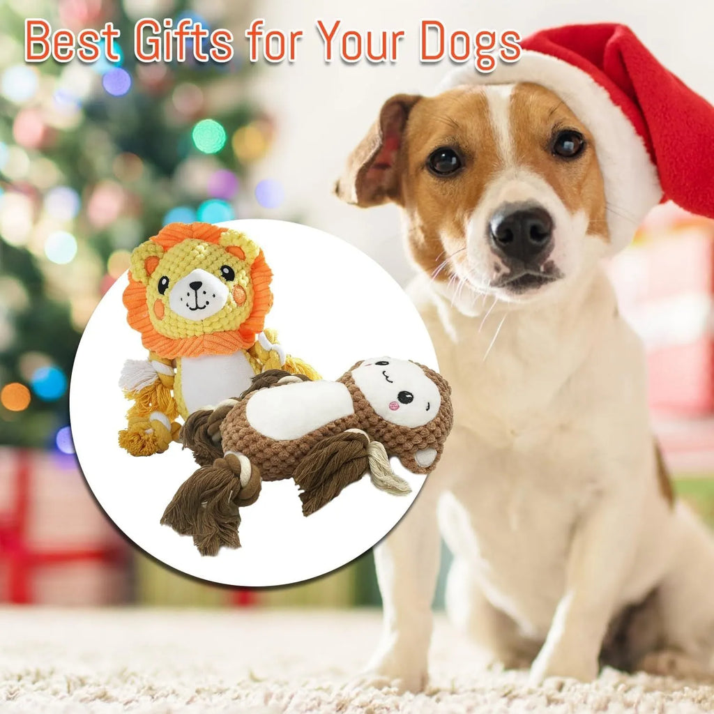 Lion and monkey plush squeaky dog toys bundle for medium to large breed dogs