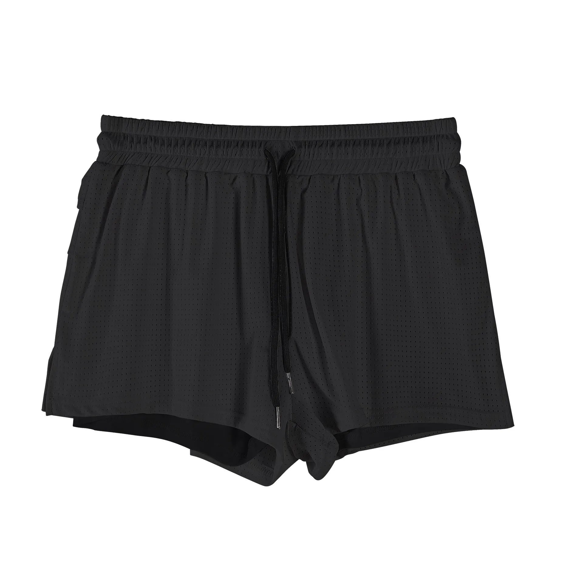 Man wearing black quick-dry nylon shorts with a mid-waist fit for summer sports
