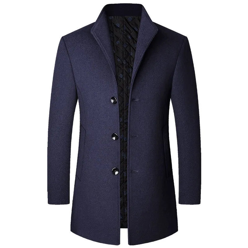 Men's casual woolen coat in solid colour, light business style, front view, available in multiple sizes and colours.