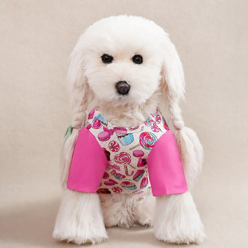 A small dog wearing a colourful full-print polyester casual T-shirt.