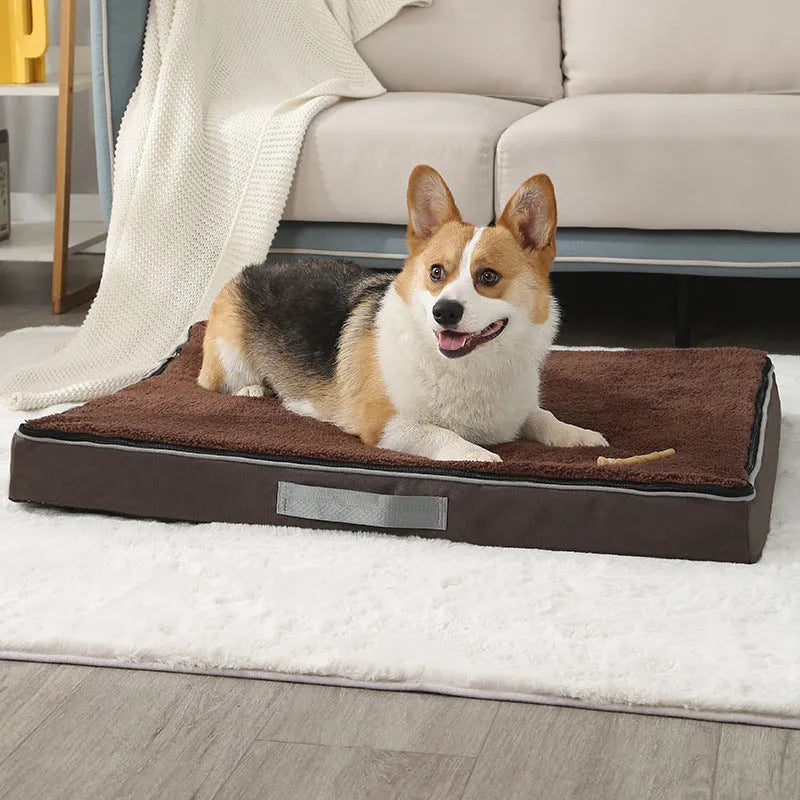 Removable washable memory sponge dog mat in khaki colour on a wooden floor.