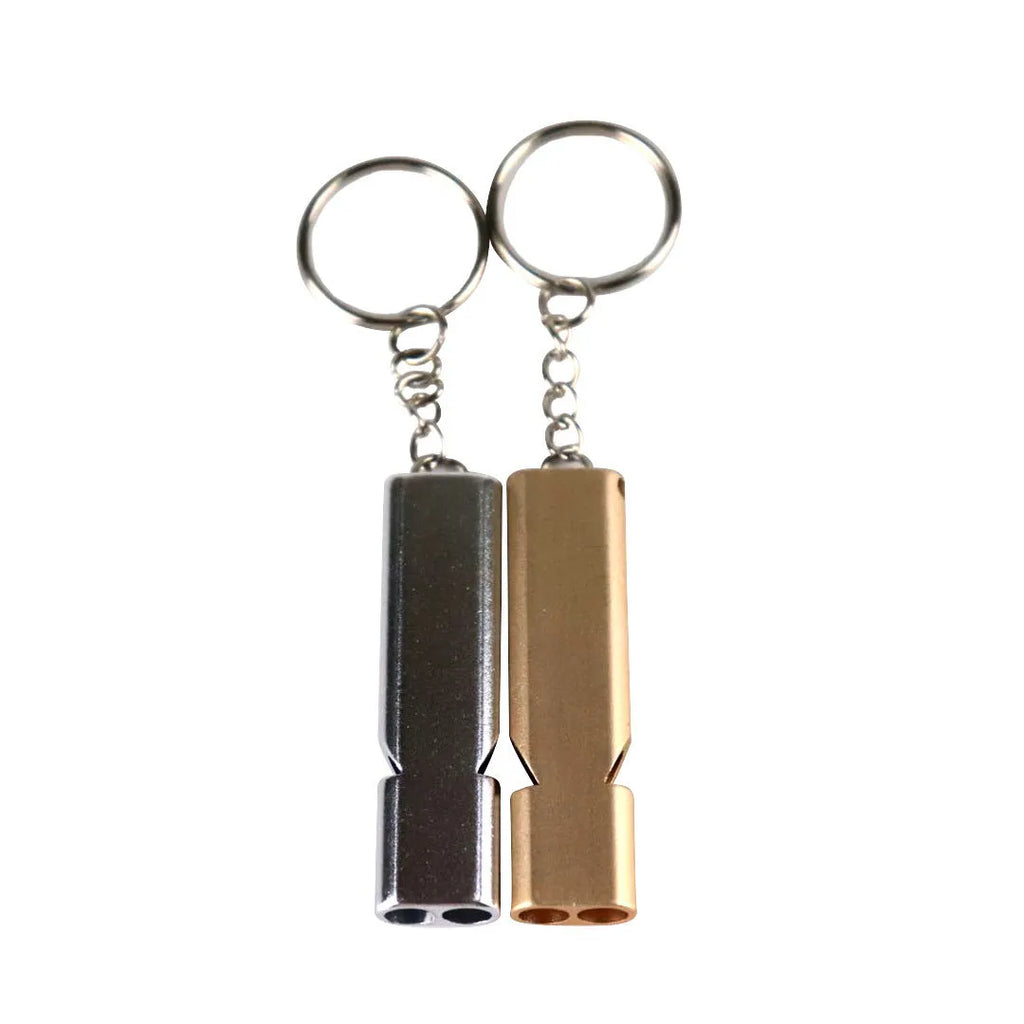 Silver aluminium alloy double-hole survival whistle with cylindrical design and lanyard loop