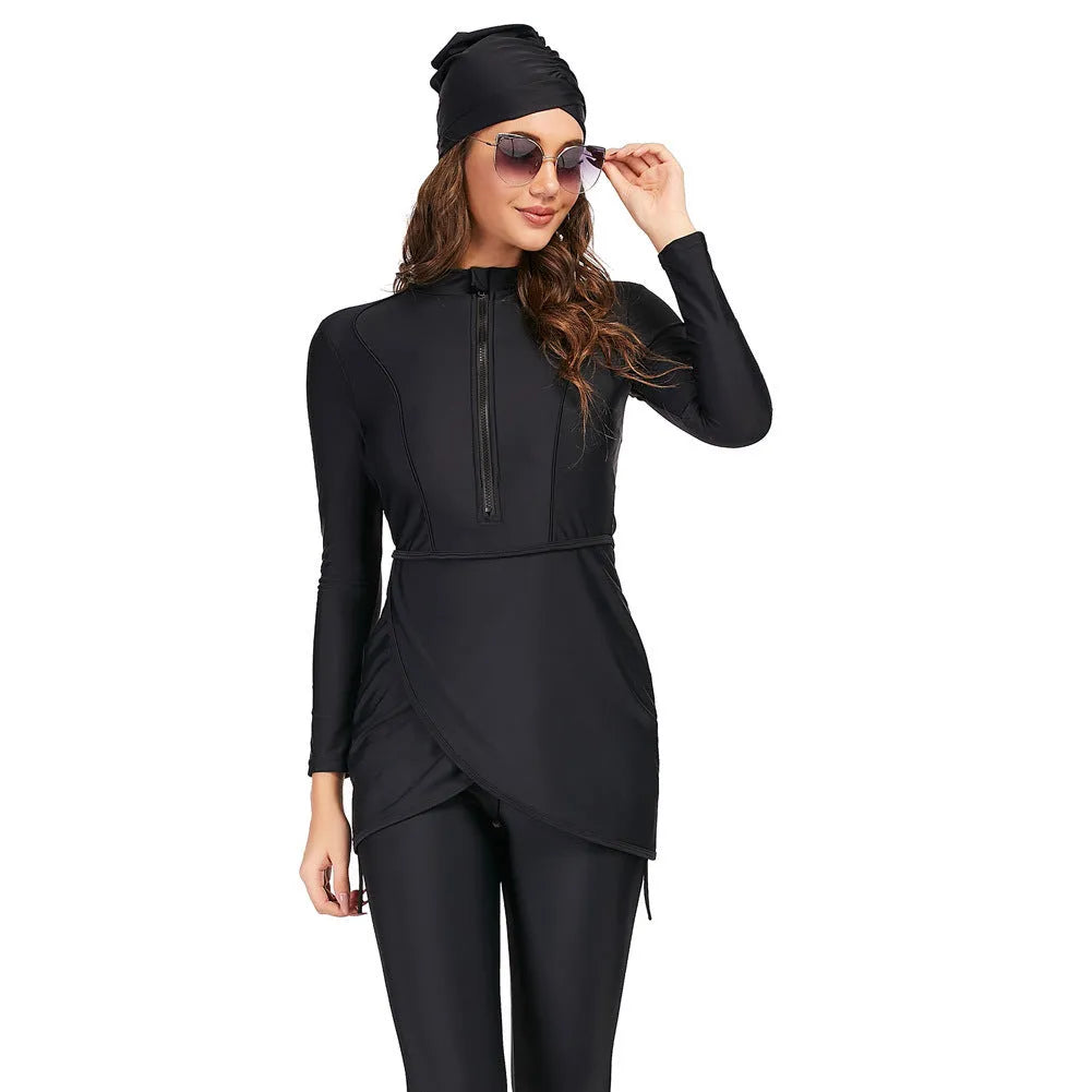 Black conservative full coverage swimsuit for Muslim ladies on a hanger