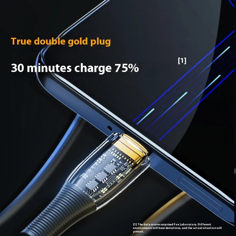 Transparent gold-plated 120W super fast charge Type-C data cable with woven fabric exterior, 2 metres long, black colour