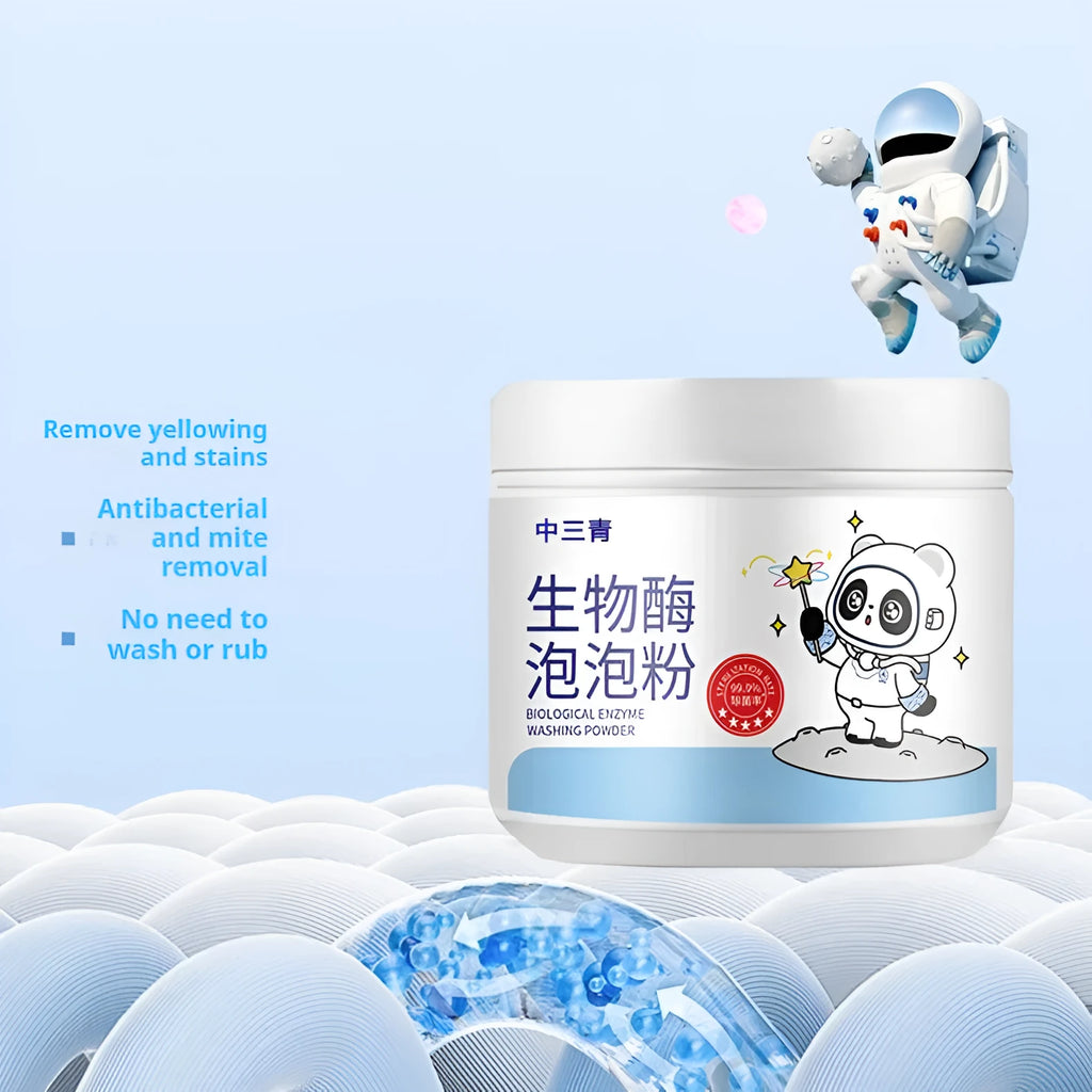 Bottle of biological enzyme active oxygen bubble laundry detergent powder for stain removal.