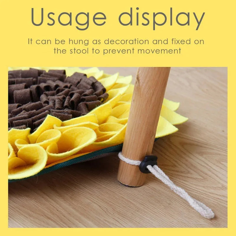 Yellow sunflower-shaped dog snuffle mat for slow feeding and nosework training
