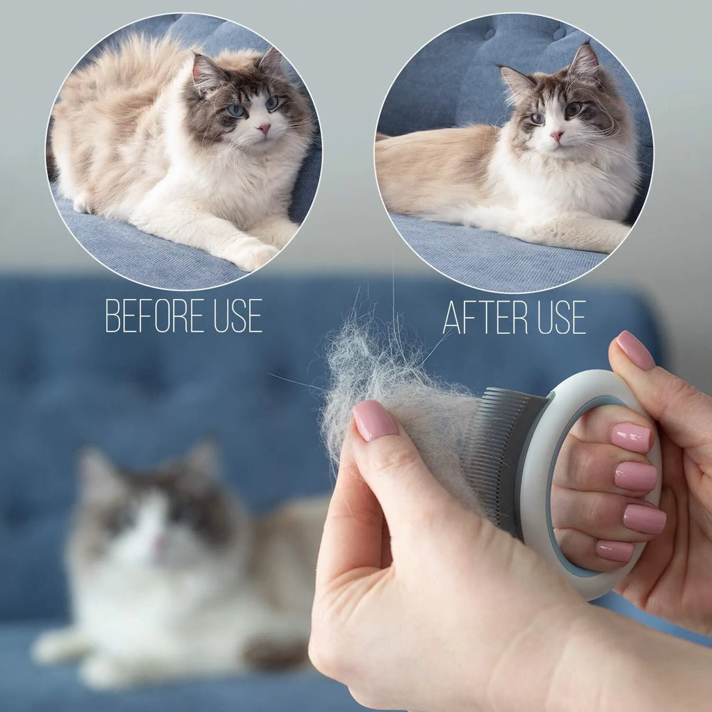 Blue pet grooming comb for cats and dogs with soft teeth and ergonomic handle