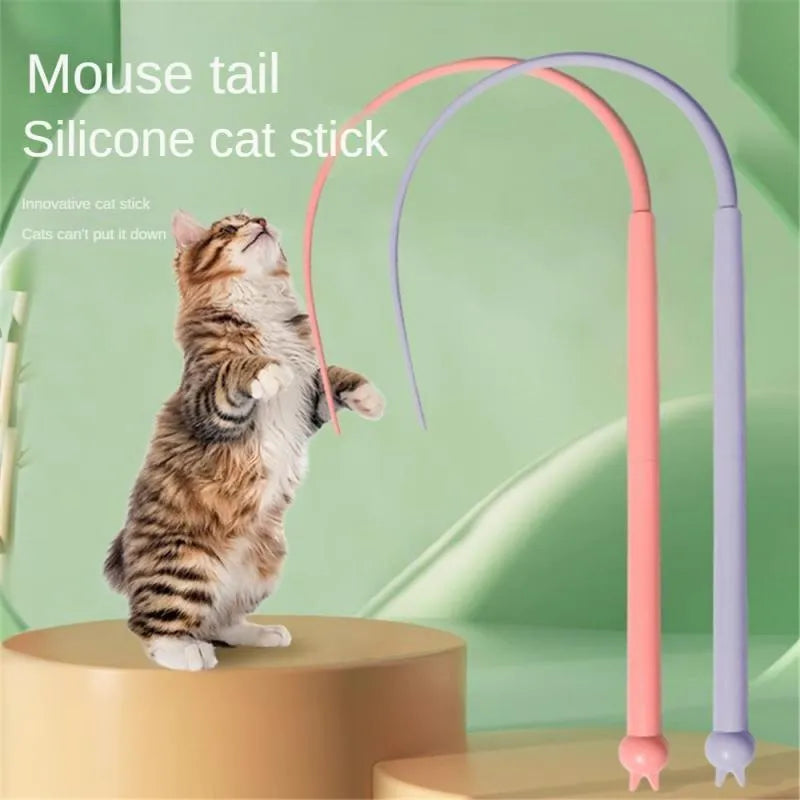 Simulated mouse tail cat toy stick with silicone tail and cat head design